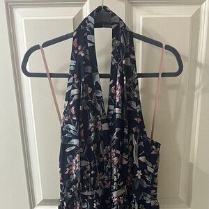 Navy Floral Halter Full Length Dress